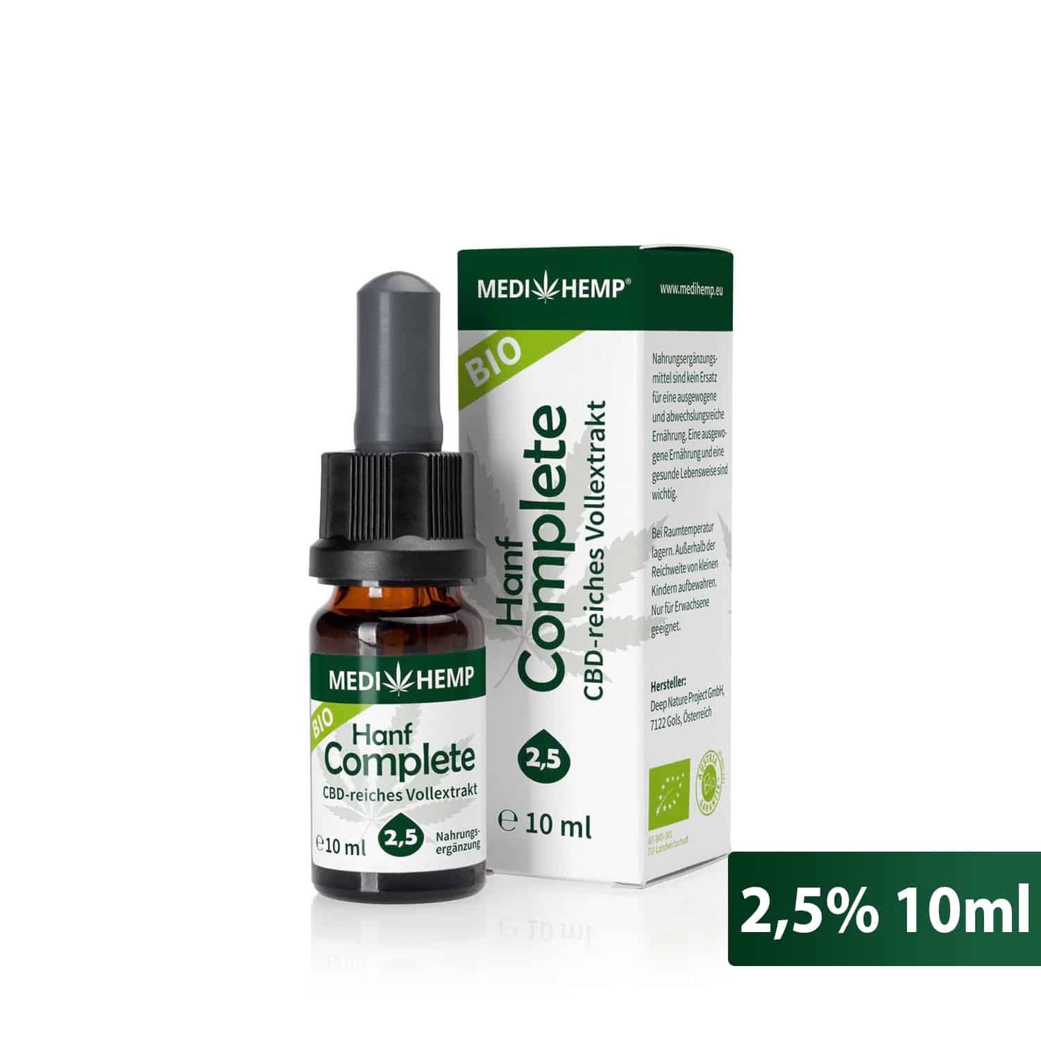 MEDIHEMP 2,5% Complete CBD olaj 10 ml üveg (250 mg) CBD-ben gazdag teljes spektrumú kivonat