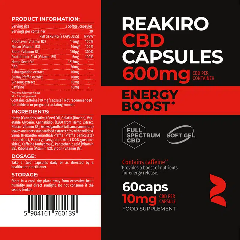 Reakiro Energy Boost CBD kapszula, 600 mg, 60 db - Image 3