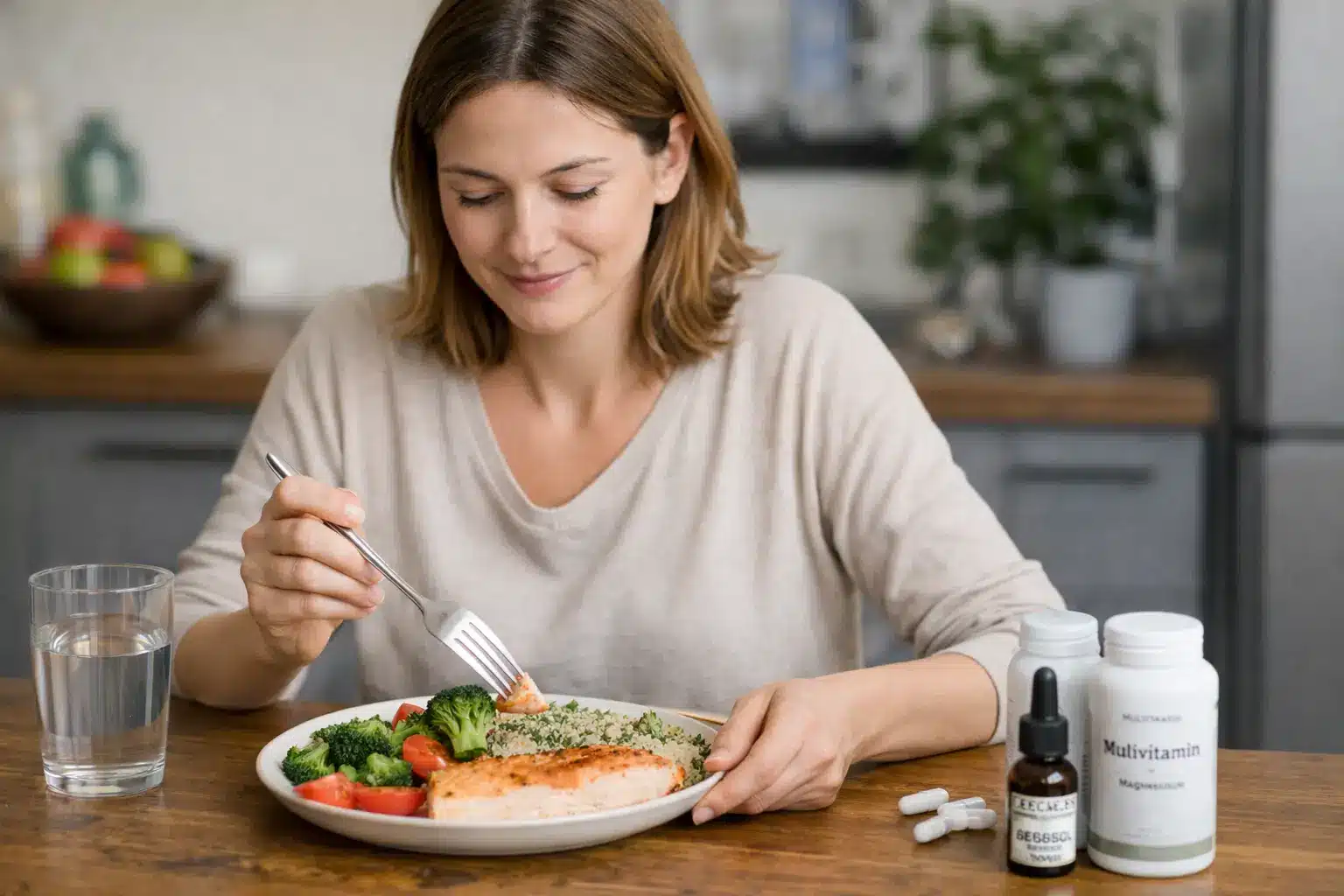 Nő inzulinrezisztencia diéta szerinti vacsorát fogyaszt étrend-kiegészítőkkel és CBG olajjal, a metabolikus aktivitás és az inzulinrezisztencia kezelése támogatására.