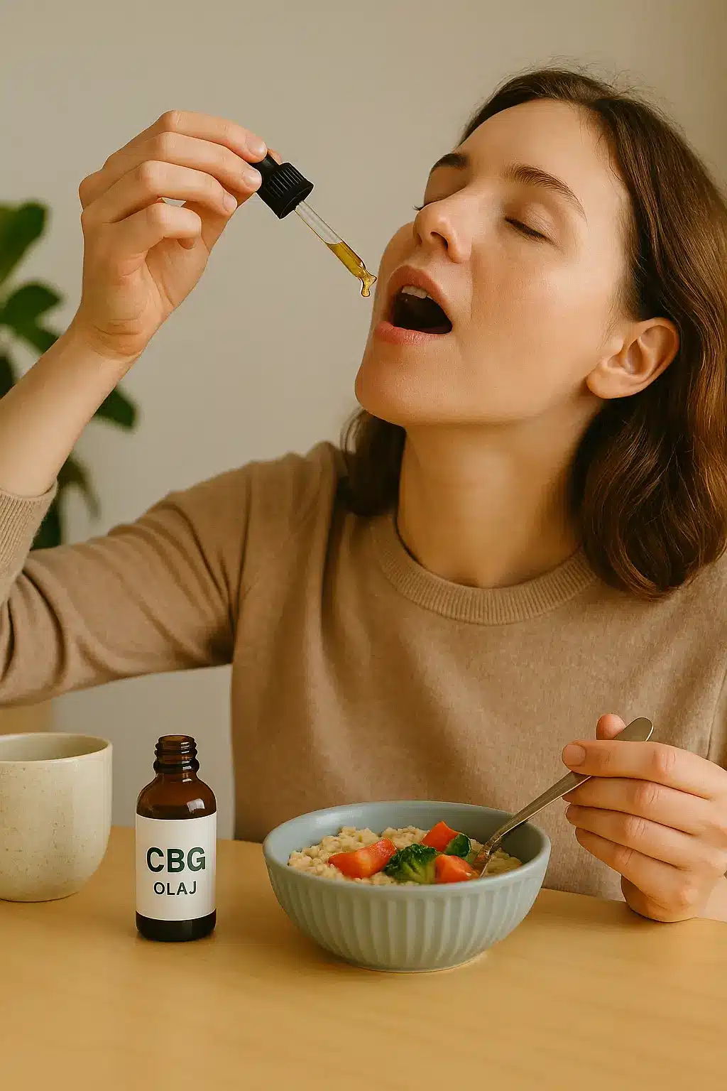 CBG olajat használó nő reggeli közben, pipettával adagolva az olajat. A kép a CBG olaj nyugodt, kiegyensúlyozott mindennapi használatát szemlélteti.