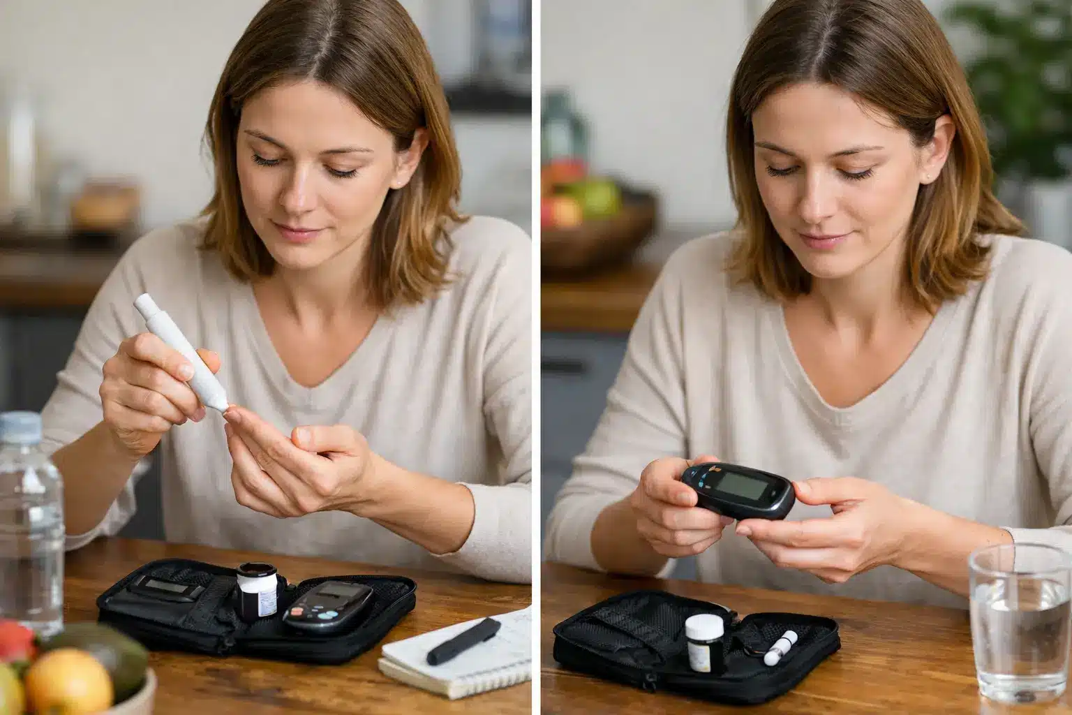 Nő vércukorszintet mér az asztalnál – inzulinrezisztencia vizsgálat a metabolikus egyensúly és az inzulinrezisztencia értékek nyomon követéséhez.